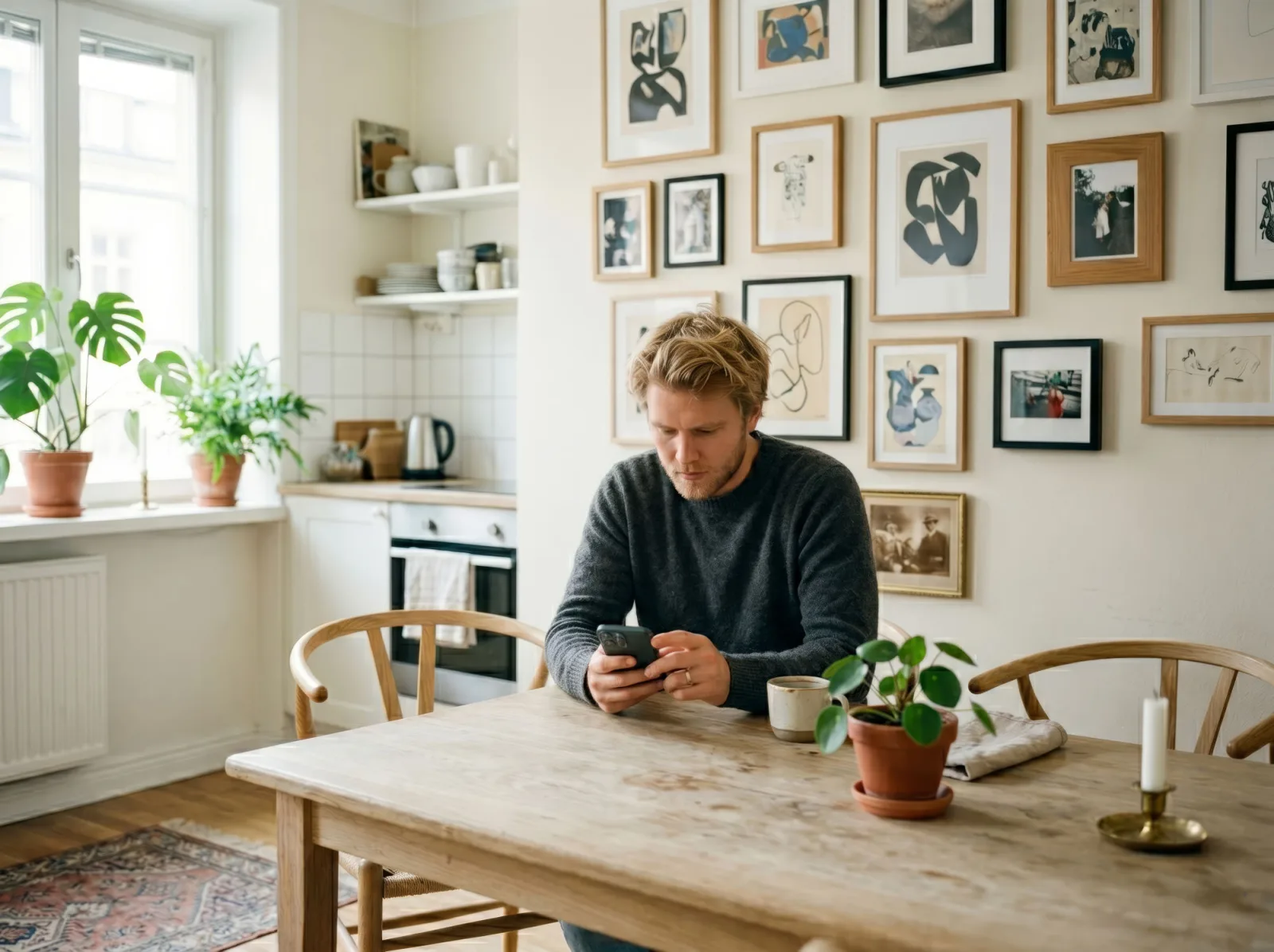 En köpare vid köksbordet som kollar siffrorna i mobilen